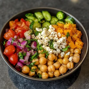 Prebiotic chickpea salad bowl with cherry tomatoes, cucumber, red onion and feta — a fiber rich gut healthy meal without cooking