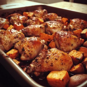 Roasted chicken thighs with caramelized sweet potato in a baking tray — a gut healthy meal glazed with fermented garlic honey