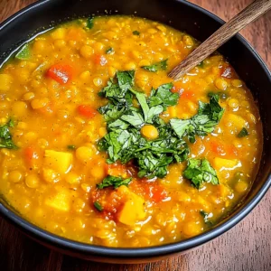 Turmeric lentil soup in a black bowl with carrots, tomatoes and fresh parsley — a gut healthy meal loaded with prebiotic fiber