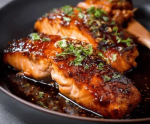 Miso glazed salmon fillets in a dark pan topped with fresh herbs — a gut friendly meal rich in omega-3s and probiotics