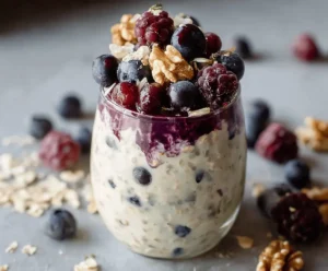 Berry overnight oats in a glass jar topped with blueberries, blackberries and walnuts — a fiber rich gut healthy breakfast