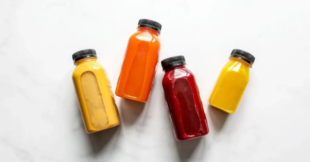 Flat lay of the best drinks for gut health including kombucha, kefir, ginger tea, green tea, and bone broth, promoting daily sips for digestive wellness.