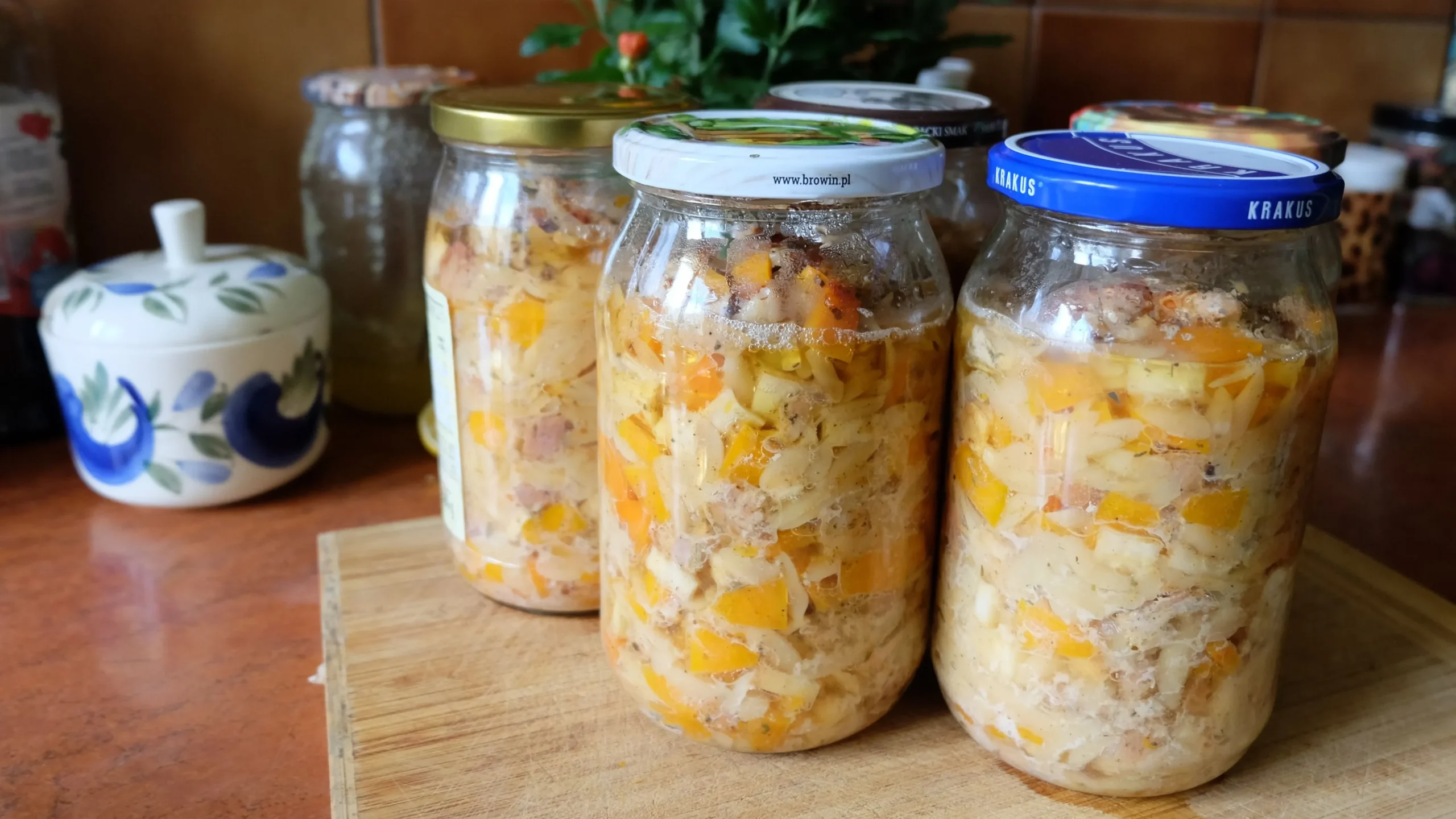 Assortment of fermented foods in jars including sauerkraut, kimchi, yogurt, and kefir on a kitchen counter, key for improving gut health.
