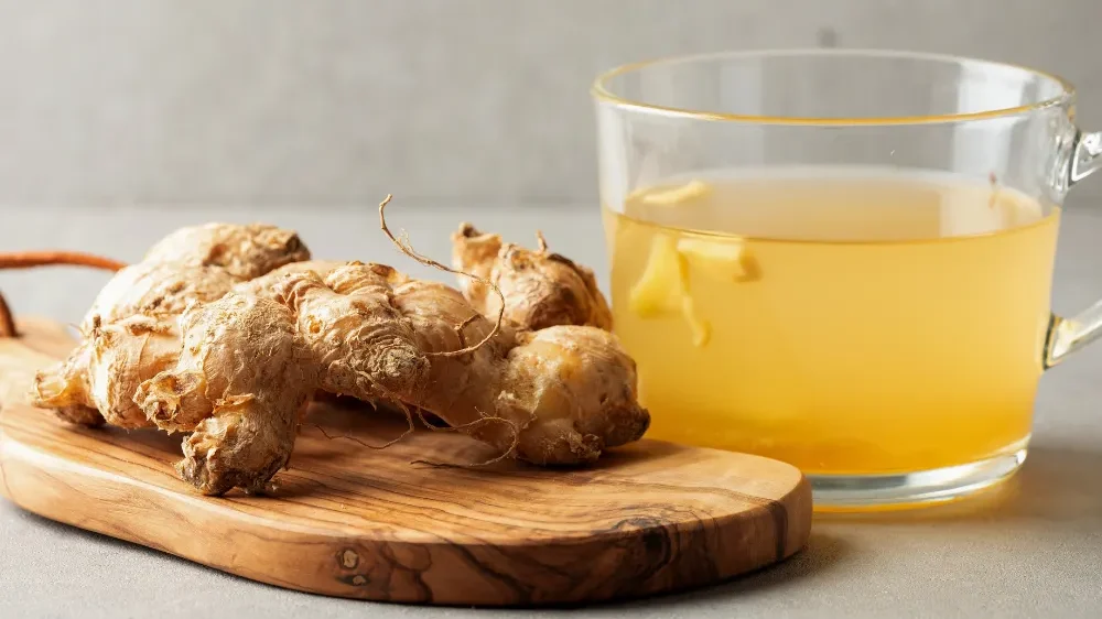 Cup of fresh ginger tea with sliced ginger root, a warming and effective drink for gut health that reduces bloating and aids digestion.