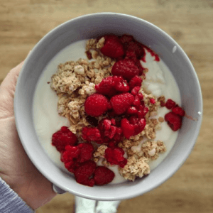 yogurt bowl berries granola overhead