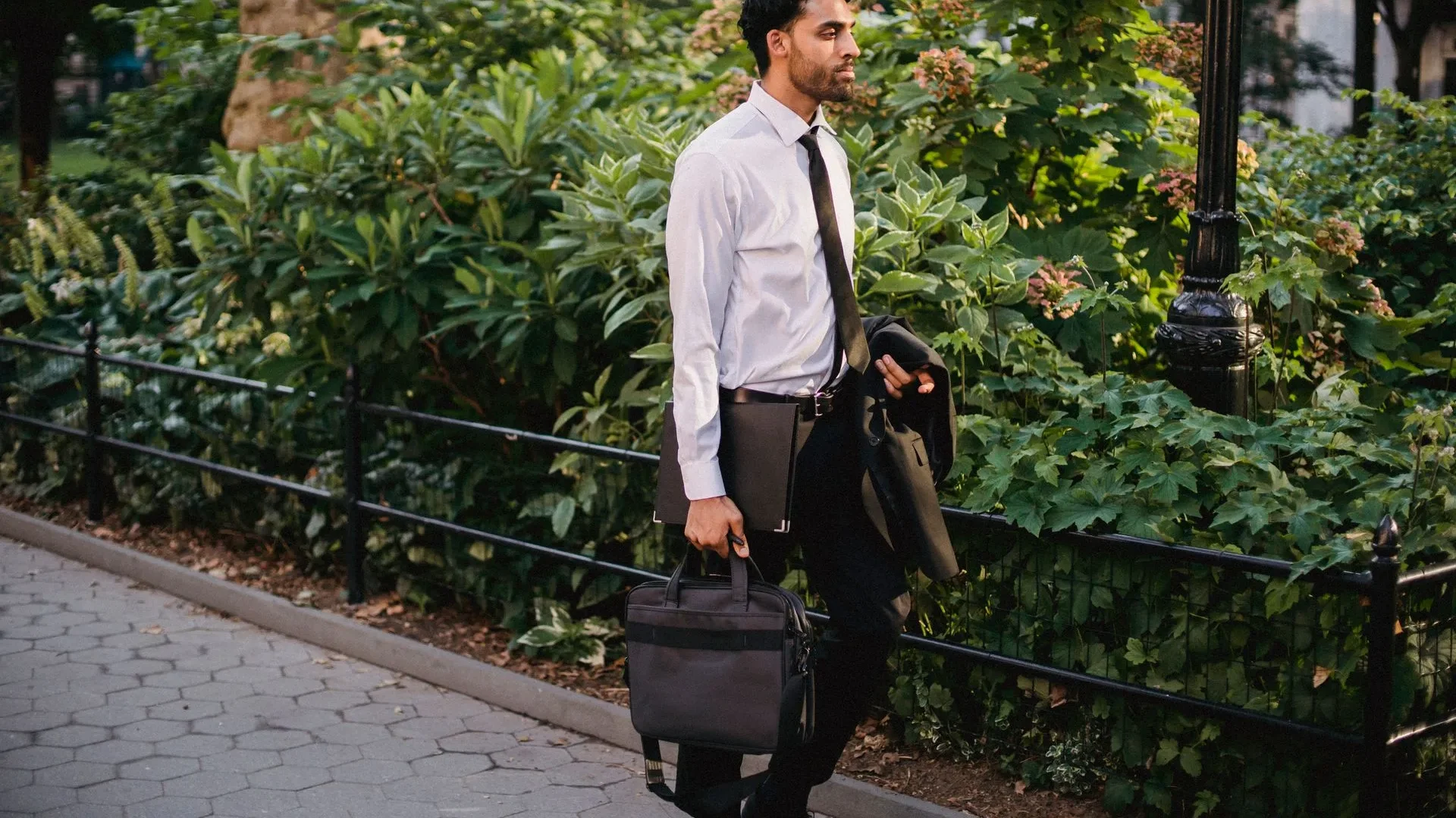 professional walking outdoor business casual city office park