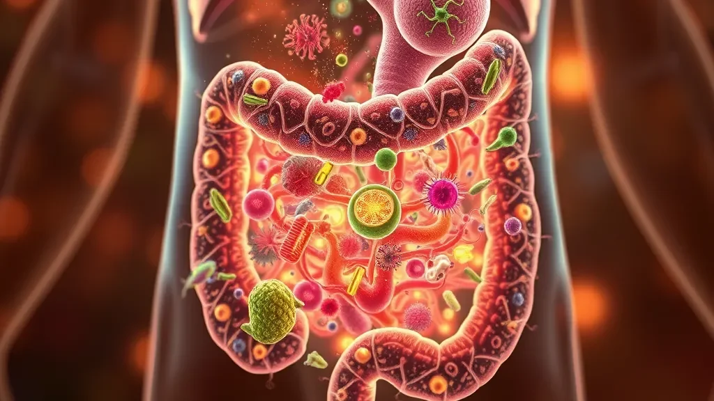 Illustration of human gut with colorful microbiome bacteria, explaining why the best gut health supplements matter for modern wellness in 2026.