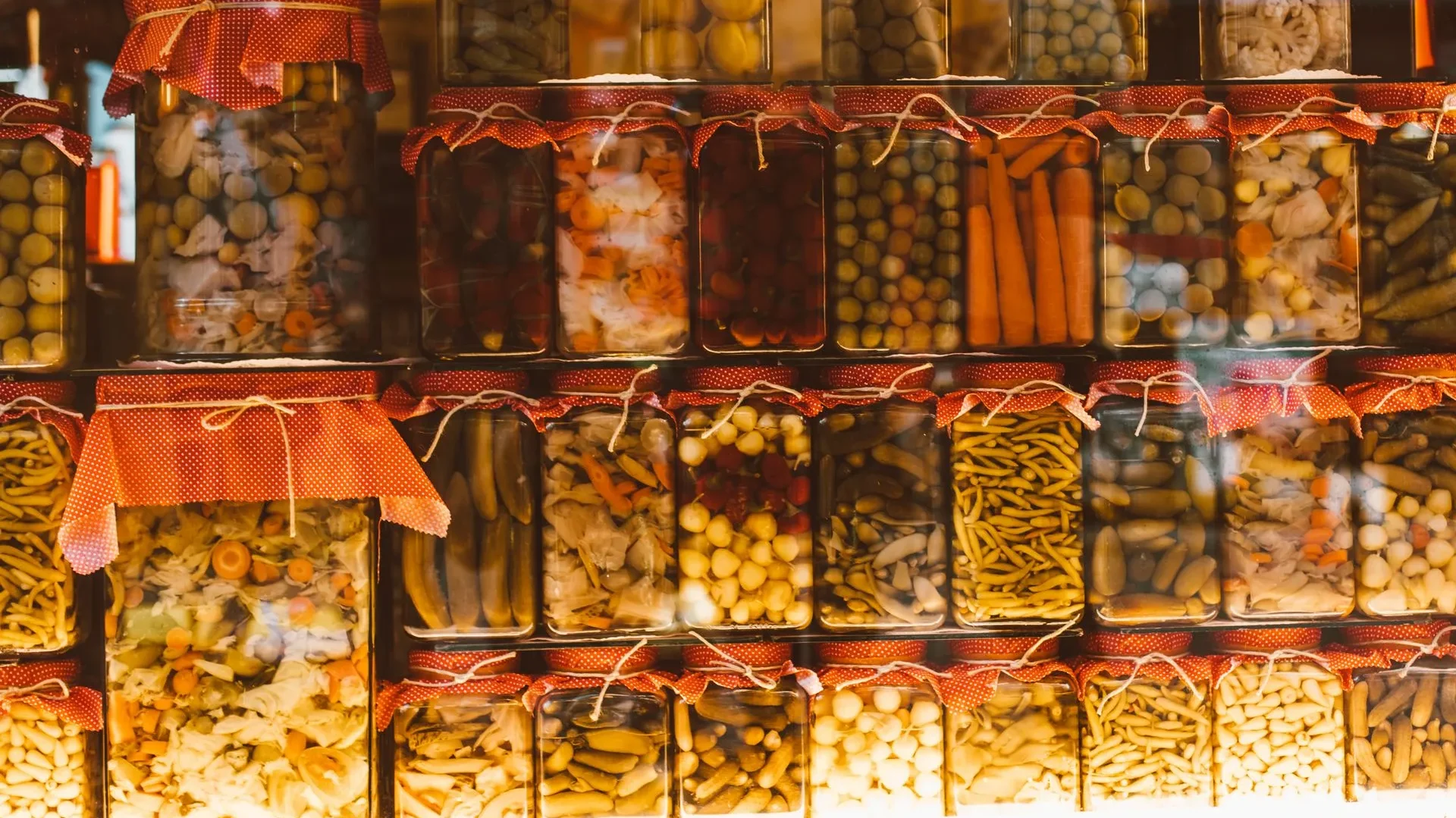 Flat lay of 15 fermented foods including sauerkraut, kimchi, kombucha, miso, tempeh, kefir, yogurt, cheese, pickles, sourdough, tepache, rejuvelac, kvass, natto, and umeboshi, answering what is a fermented food with delicious variety.